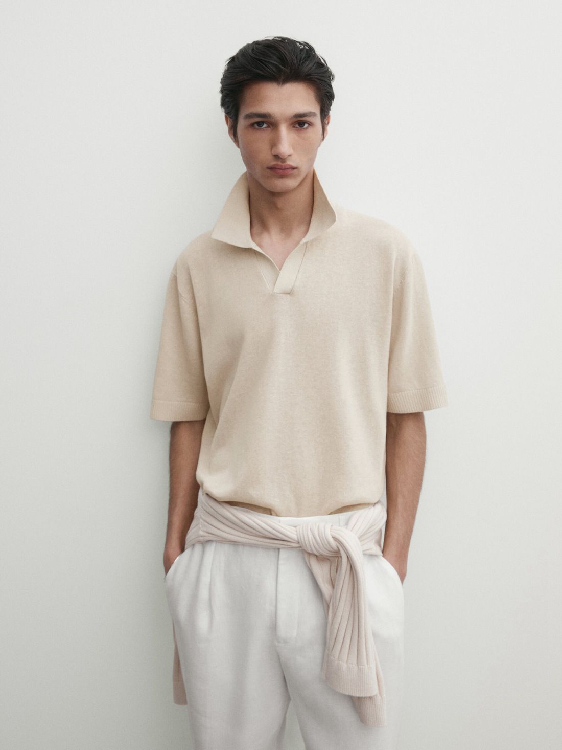 Massimo Dutti Short Sleeve Knit Men Polo Shirt Beige | US-WD7150264