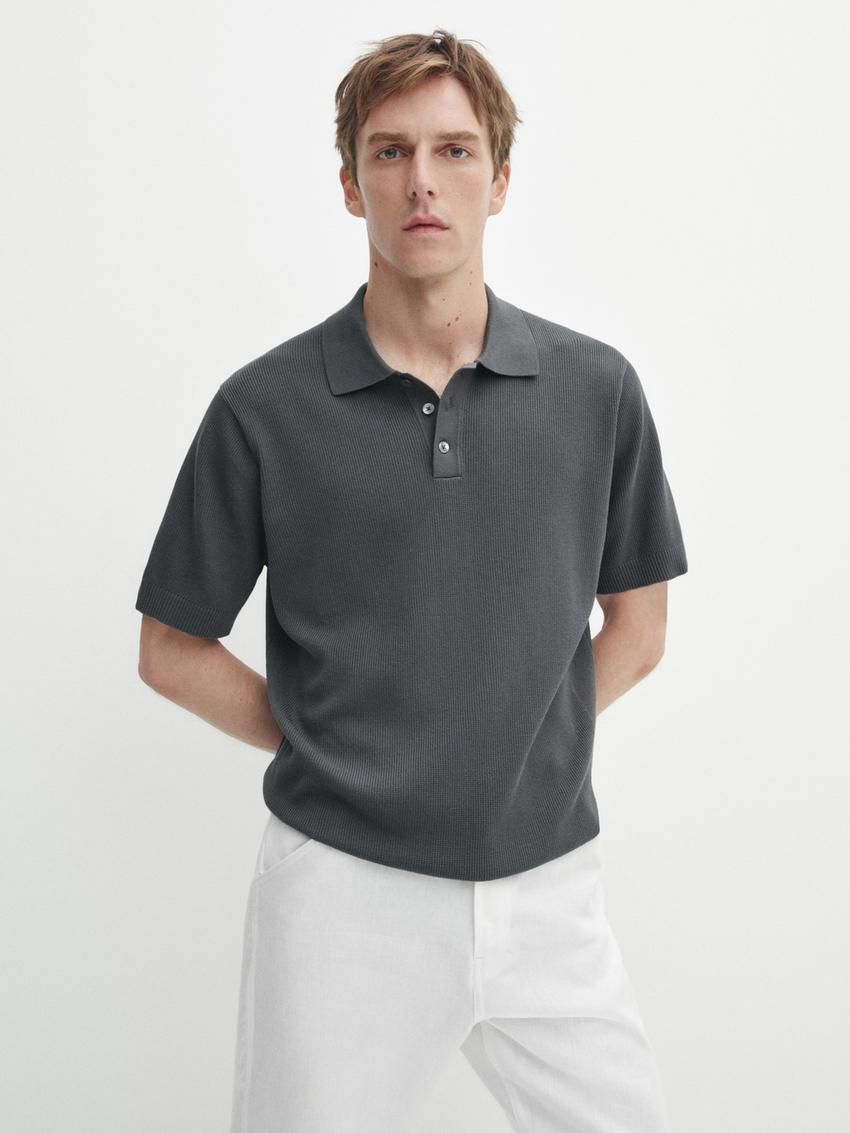 Massimo Dutti Short Sleeve Knit Men Polo Shirt Dark Grey | US-AM8217965
