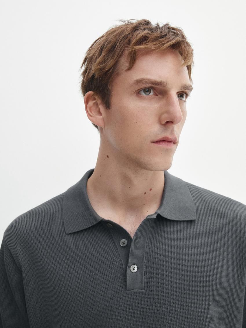 Massimo Dutti Short Sleeve Knit Men Polo Shirt Dark Grey | US-AM8217965