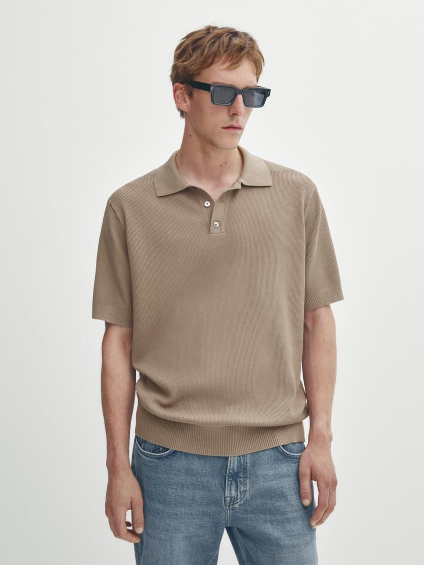 Massimo Dutti Short Sleeve Knit Men Polo Shirt Brown Beige | US-WB6510329
