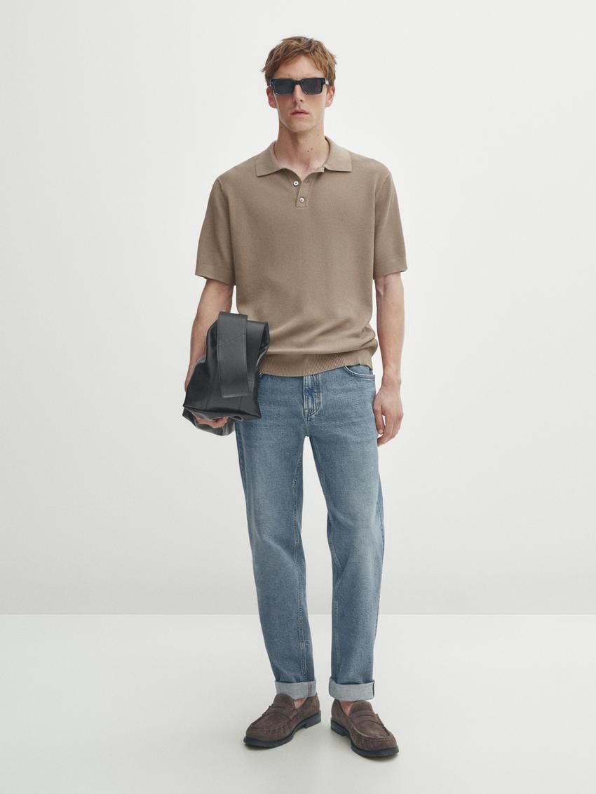 Massimo Dutti Short Sleeve Knit Men Polo Shirt Brown Beige | US-WB6510329