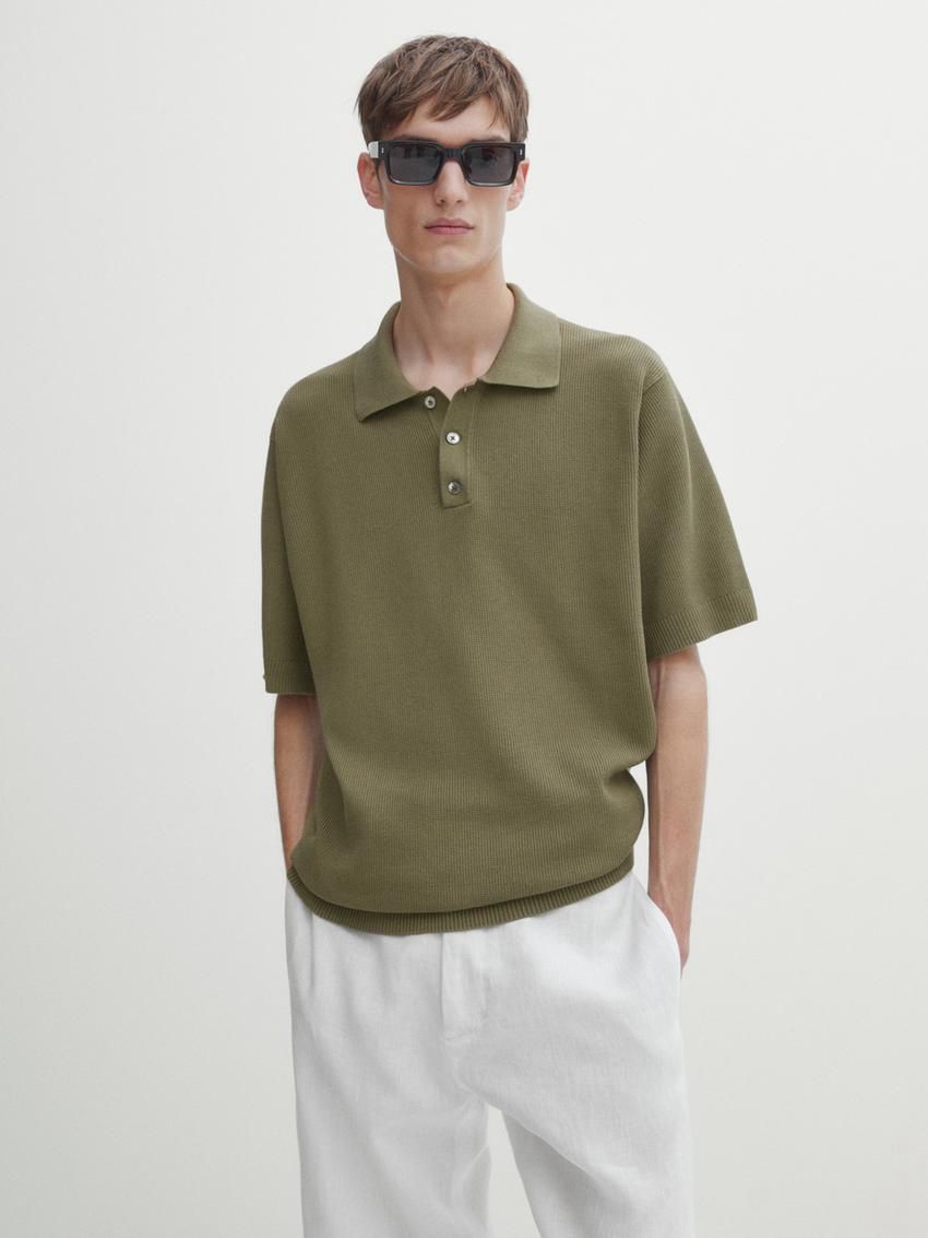 Massimo Dutti Short Sleeve Knit Men Polo Shirt Olive | US-NP0574629