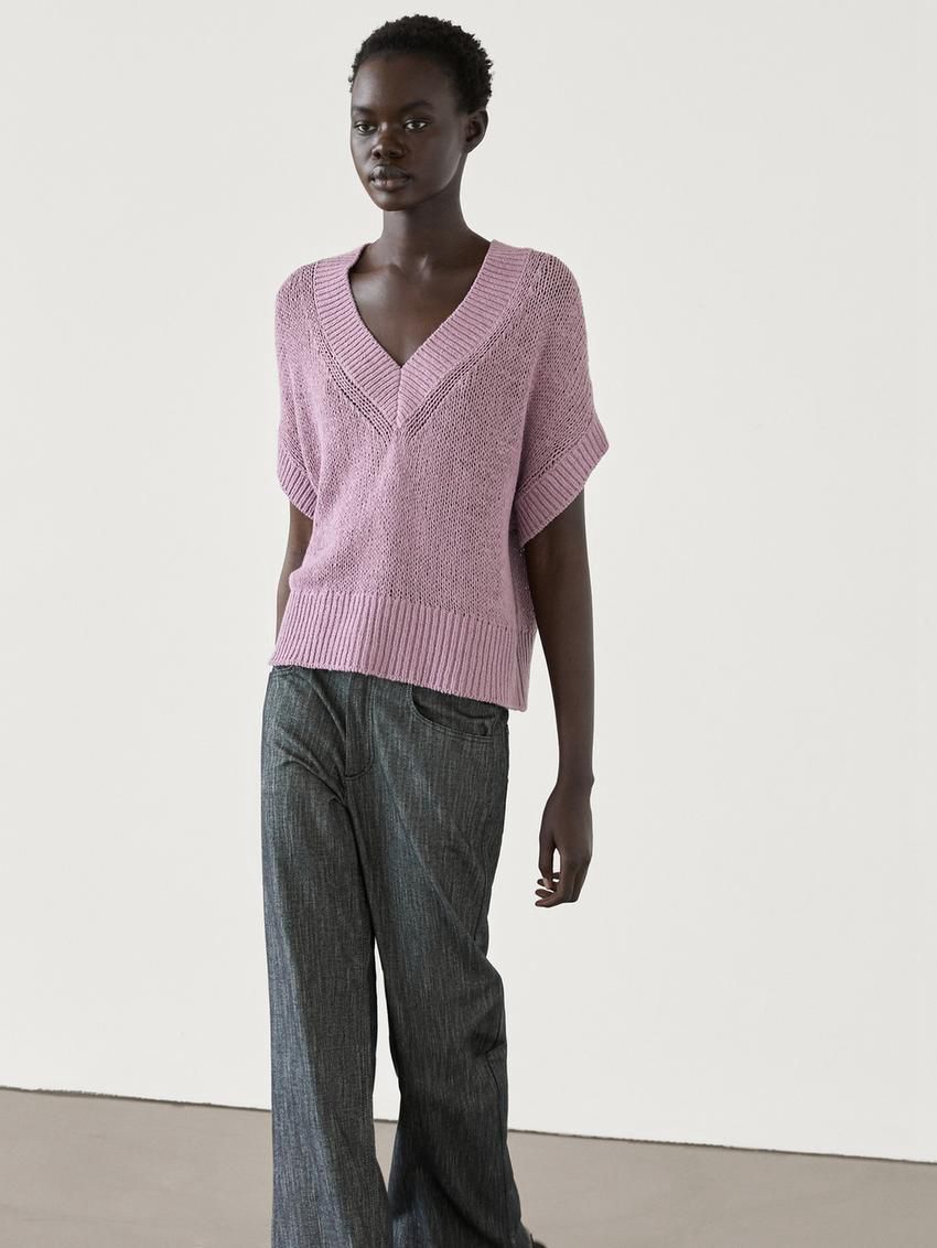 Massimo Dutti Short Sleeve Knit With Ribbed Detail Women Sweater Purple | US-ON6957482