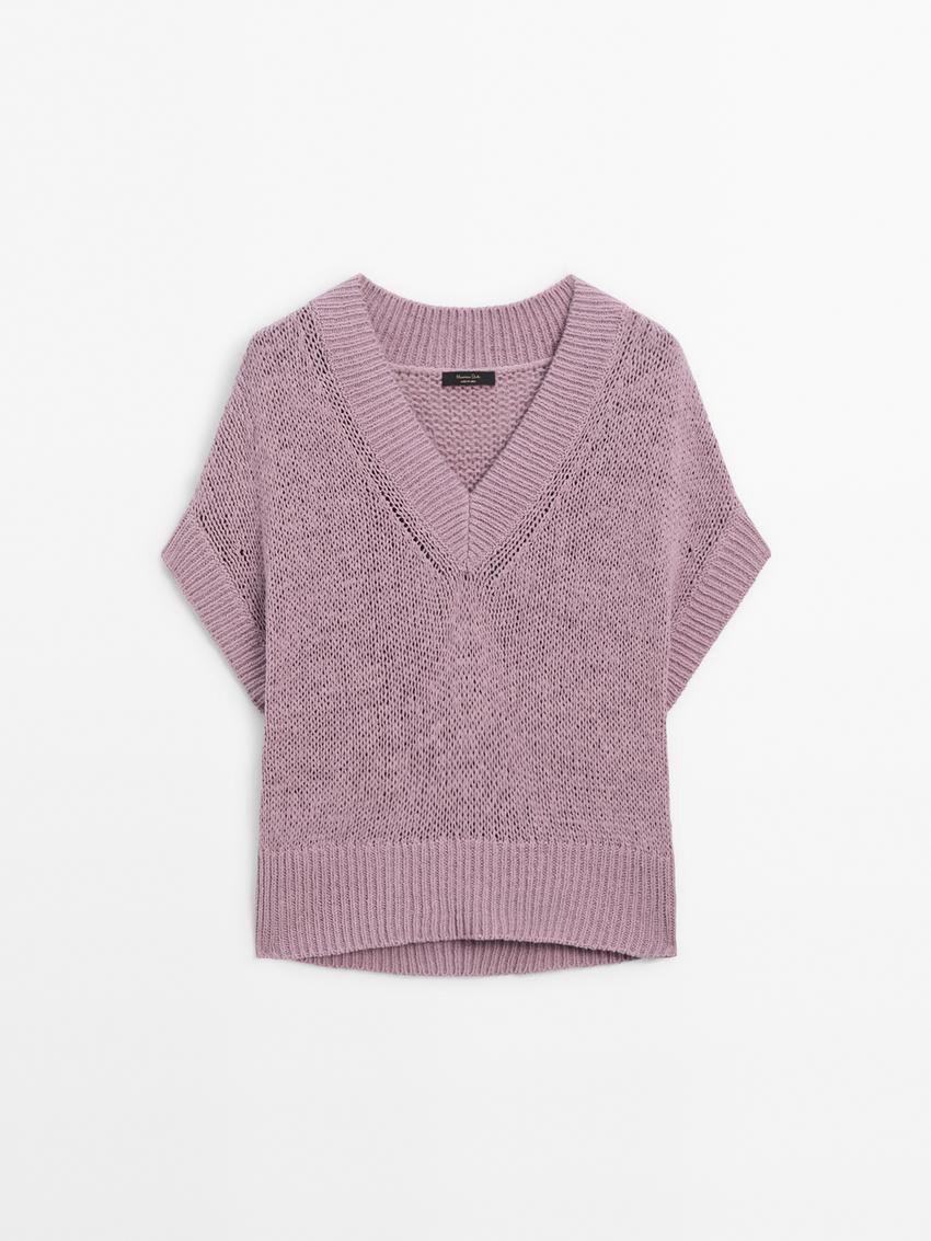 Massimo Dutti Short Sleeve Knit With Ribbed Detail Women Sweater Purple | US-ON6957482