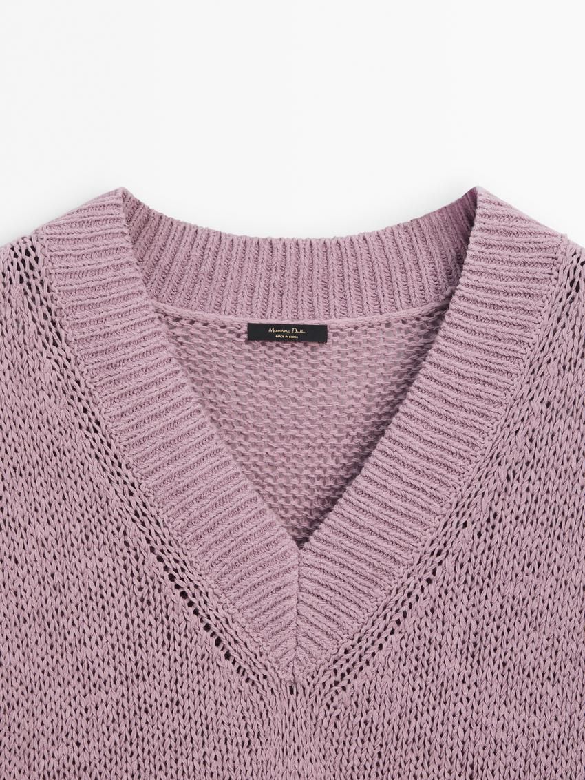Massimo Dutti Short Sleeve Knit With Ribbed Detail Women Sweater Purple | US-ON6957482