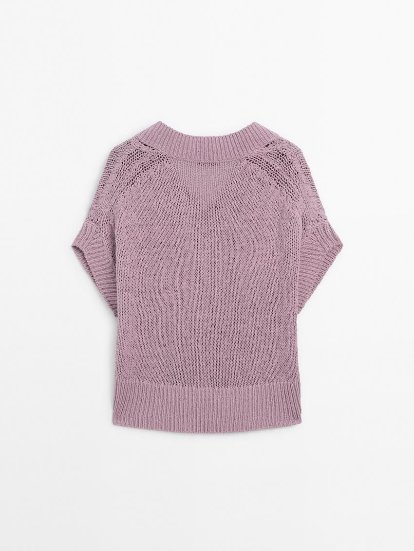 Massimo Dutti Short Sleeve Knit With Ribbed Detail Women Sweater Purple | US-ON6957482