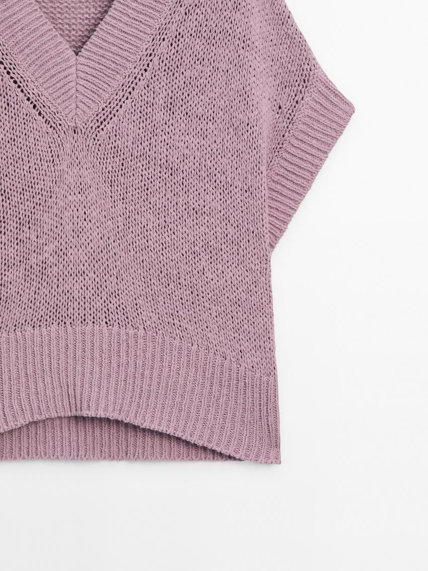 Massimo Dutti Short Sleeve Knit With Ribbed Detail Women Sweater Purple | US-ON6957482