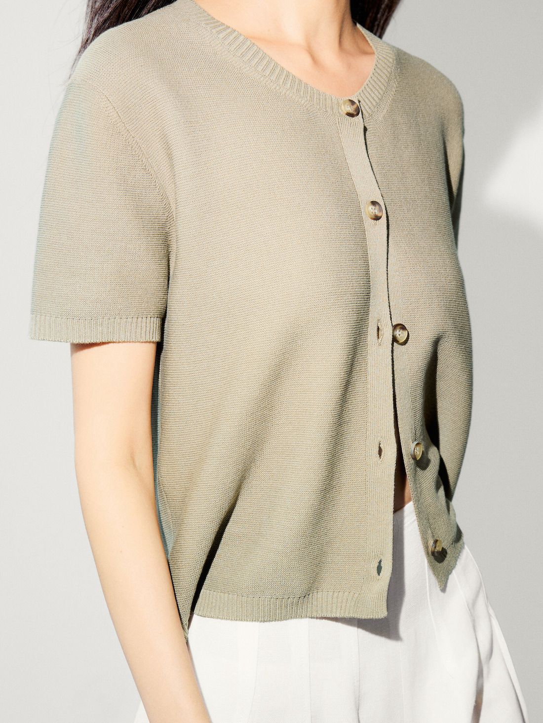 Massimo Dutti Short Sleeve Knit Women Cardigan Olive | US-ZA1539402