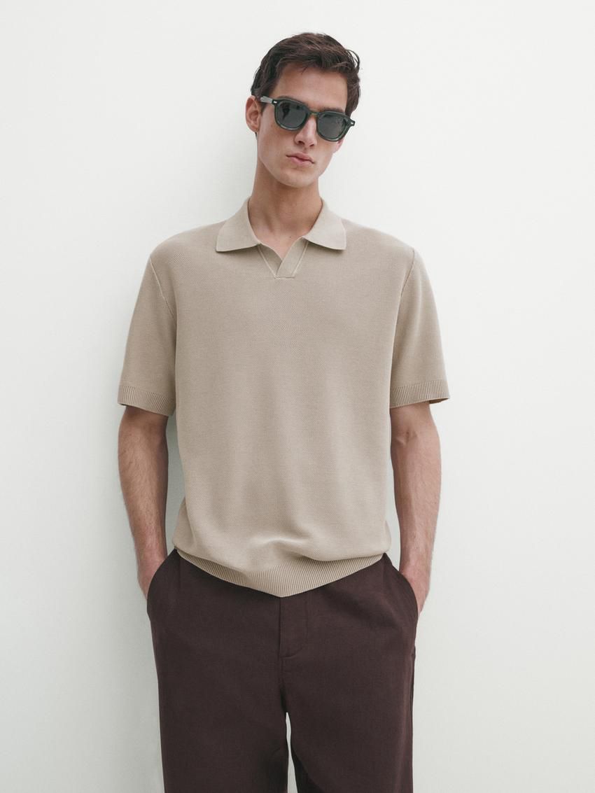 Massimo Dutti Short Sleeve Knitted Polo Men Polo Shirt Khaki | US-CA8596134