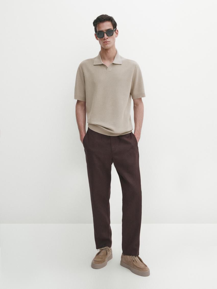 Massimo Dutti Short Sleeve Knitted Polo Men Polo Shirt Khaki | US-CA8596134