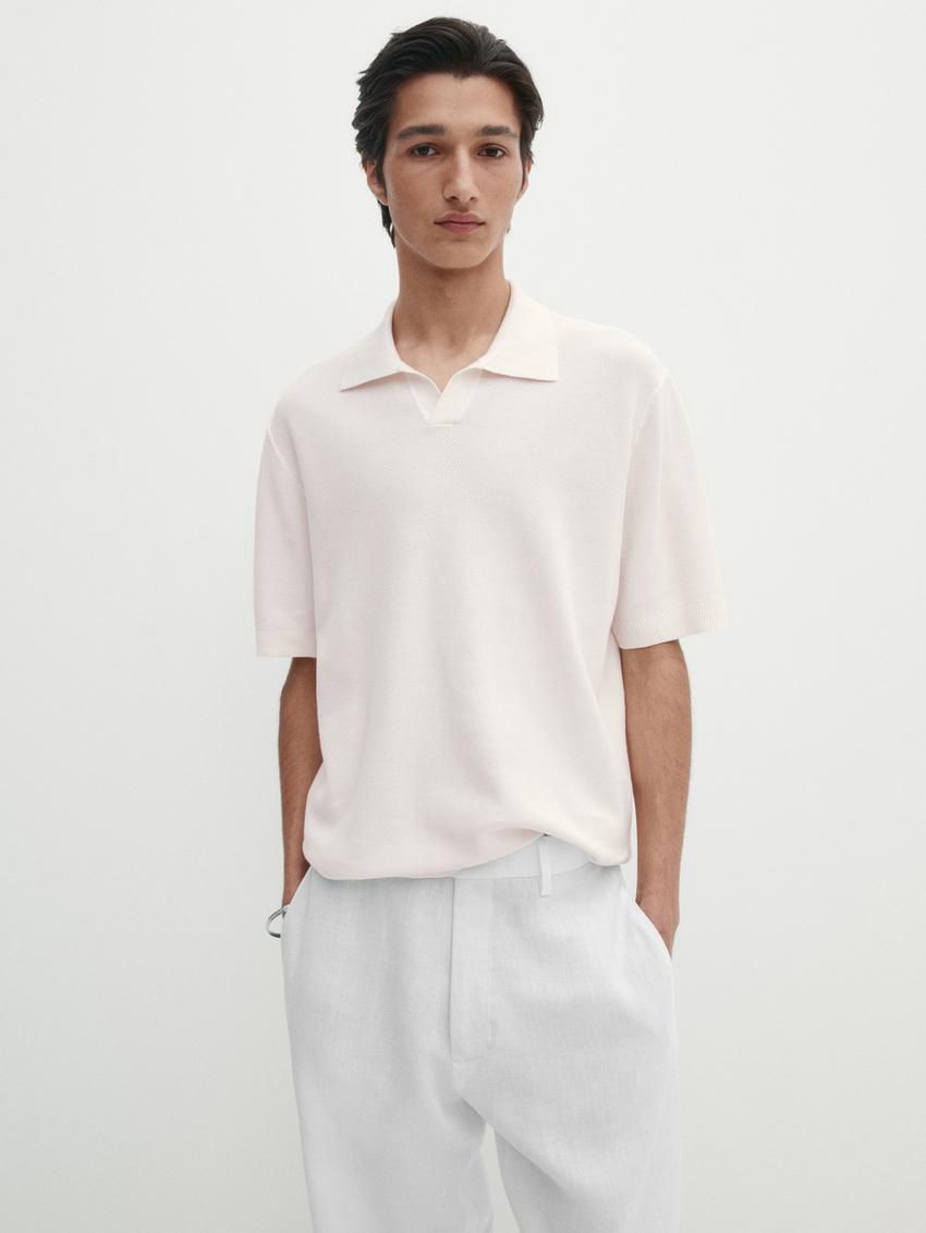 Massimo Dutti Short Sleeve Knitted Polo Men Polo Shirt Beige | US-ZL4986317