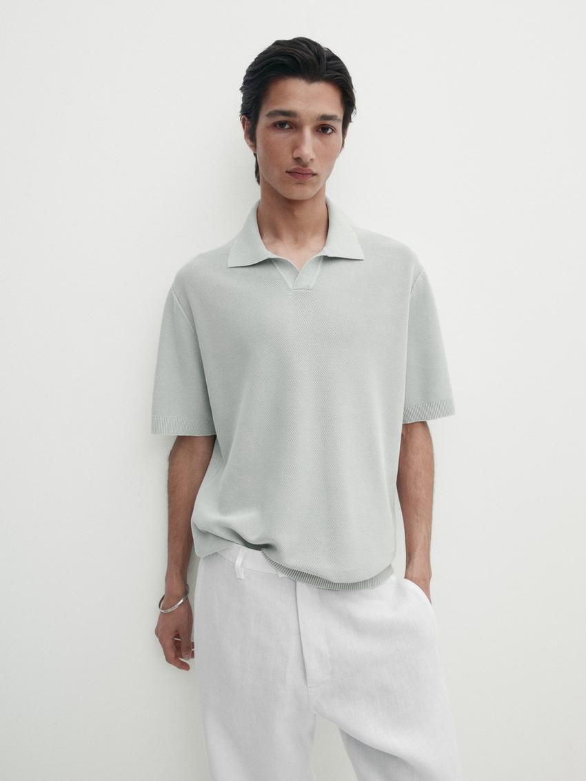 Massimo Dutti Short Sleeve Knitted Polo Men Polo Shirt Light Blue | US-UJ4690715