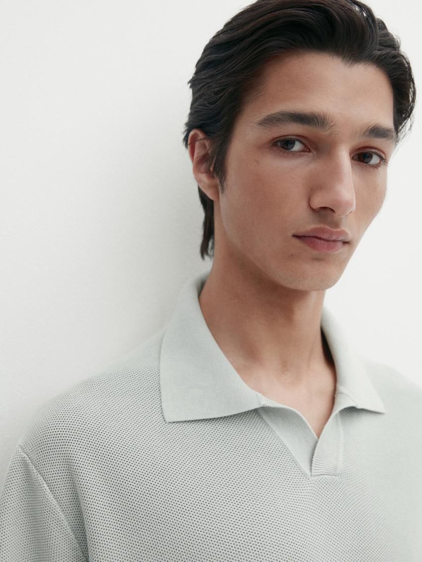 Massimo Dutti Short Sleeve Knitted Polo Men Polo Shirt Light Blue | US-UJ4690715