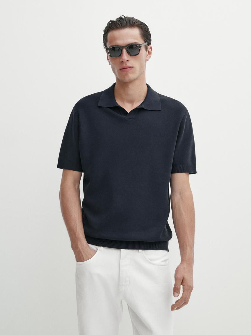 Massimo Dutti Short Sleeve Knitted Polo Men Polo Shirt Navy | US-ZI2491670