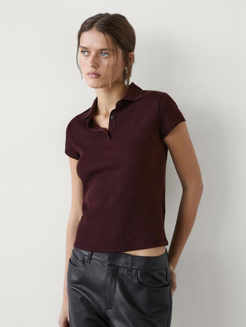 Massimo Dutti Short Sleeve Knitted Polo Shirt Women T-Shirt Burgundy | US-AF3871526