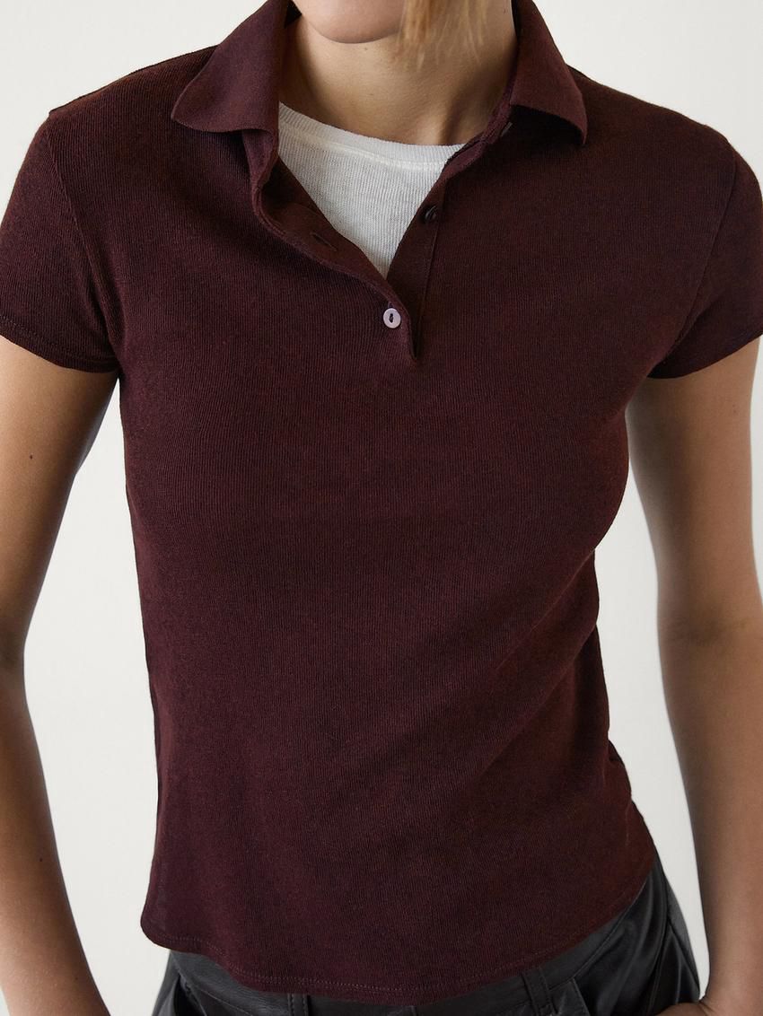 Massimo Dutti Short Sleeve Knitted Polo Shirt Women T-Shirt Burgundy | US-AF3871526