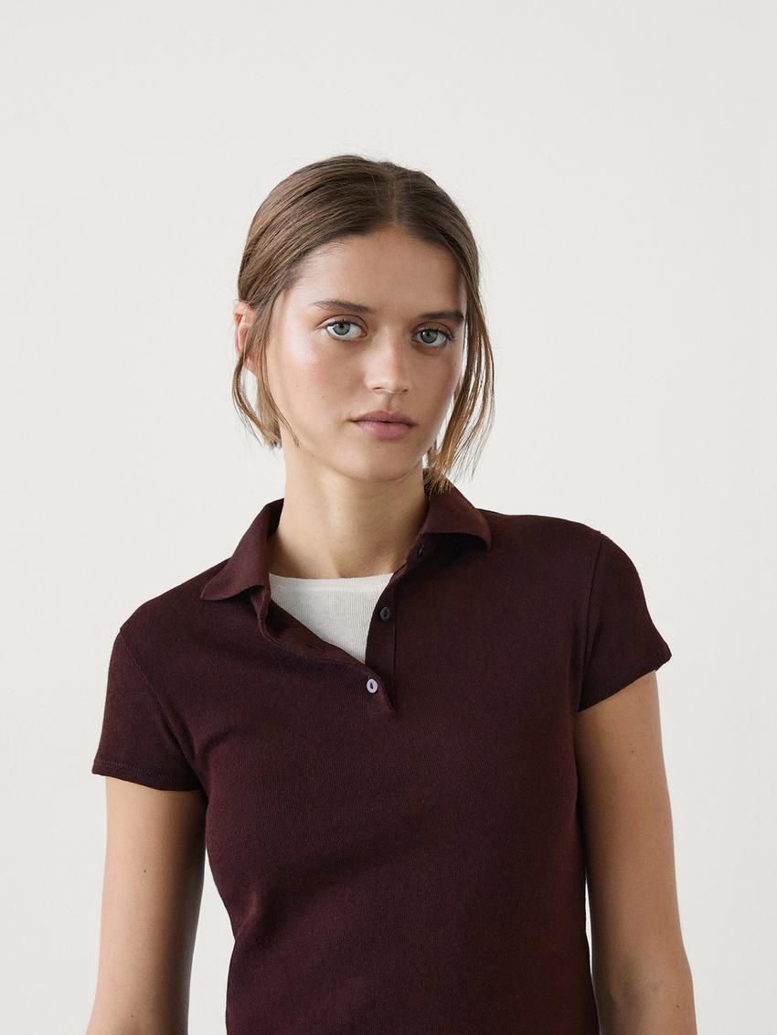 Massimo Dutti Short Sleeve Knitted Polo Shirt Women T-Shirt Burgundy | US-AF3871526
