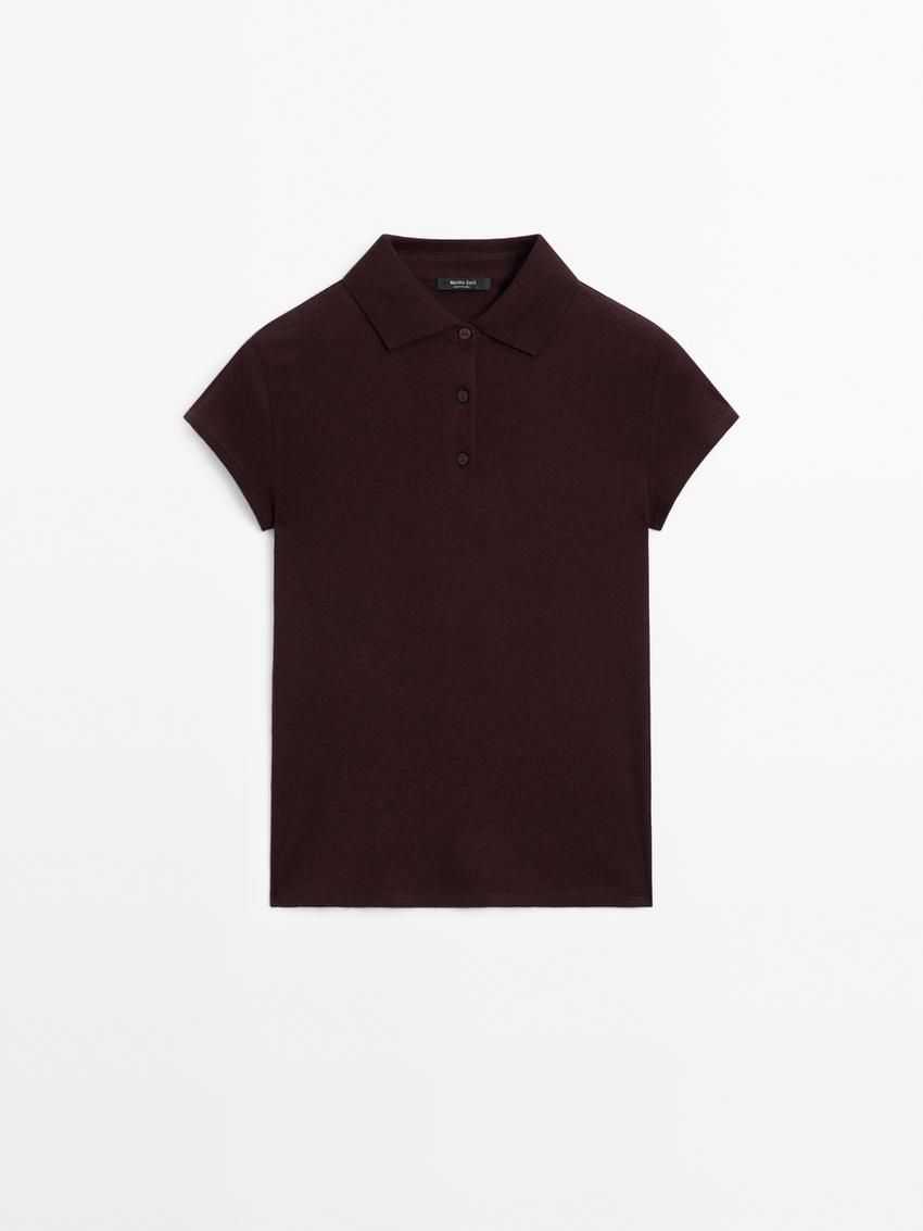 Massimo Dutti Short Sleeve Knitted Polo Shirt Women T-Shirt Burgundy | US-AF3871526