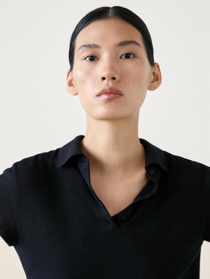 Massimo Dutti Short Sleeve Knitted Polo Shirt Women T-Shirt Navy | US-WH6483290