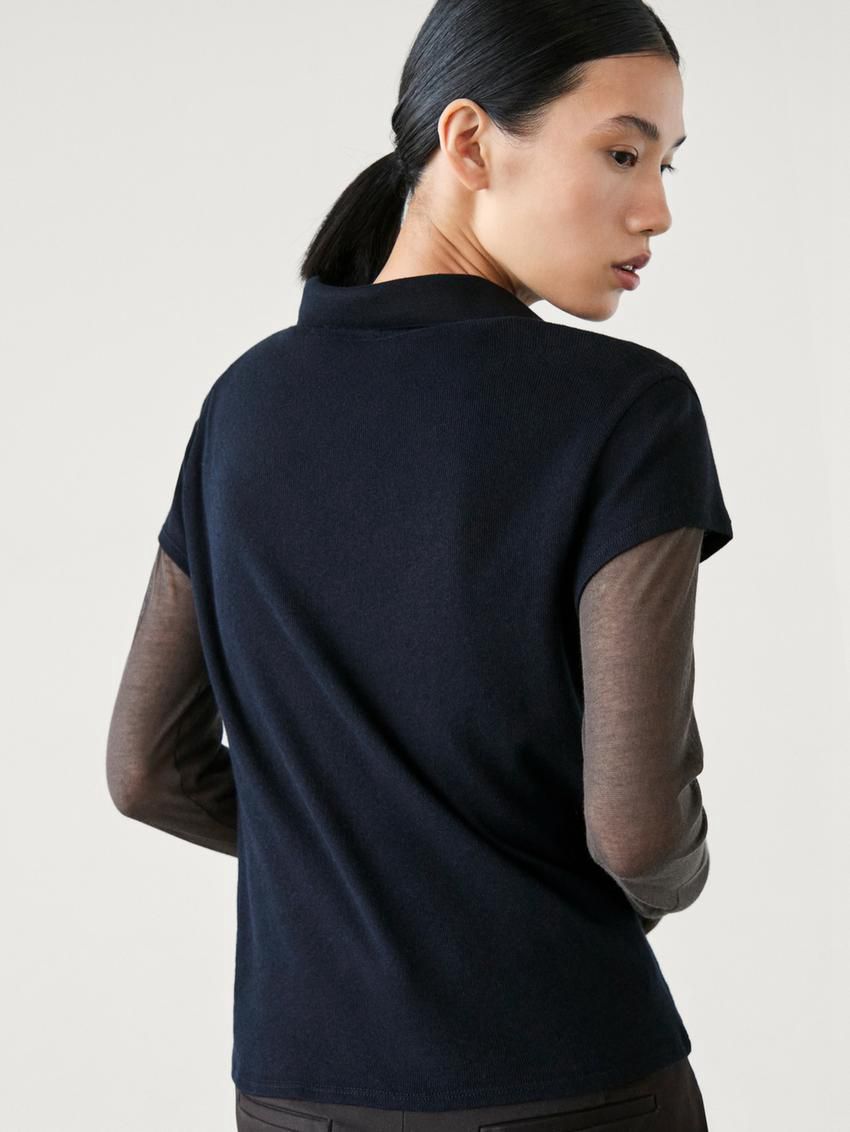 Massimo Dutti Short Sleeve Knitted Polo Shirt Women T-Shirt Navy | US-WH6483290