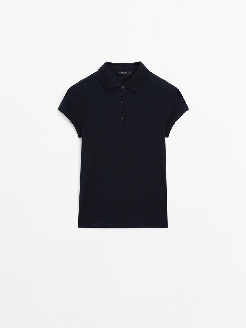 Massimo Dutti Short Sleeve Knitted Polo Shirt Women T-Shirt Navy | US-WH6483290