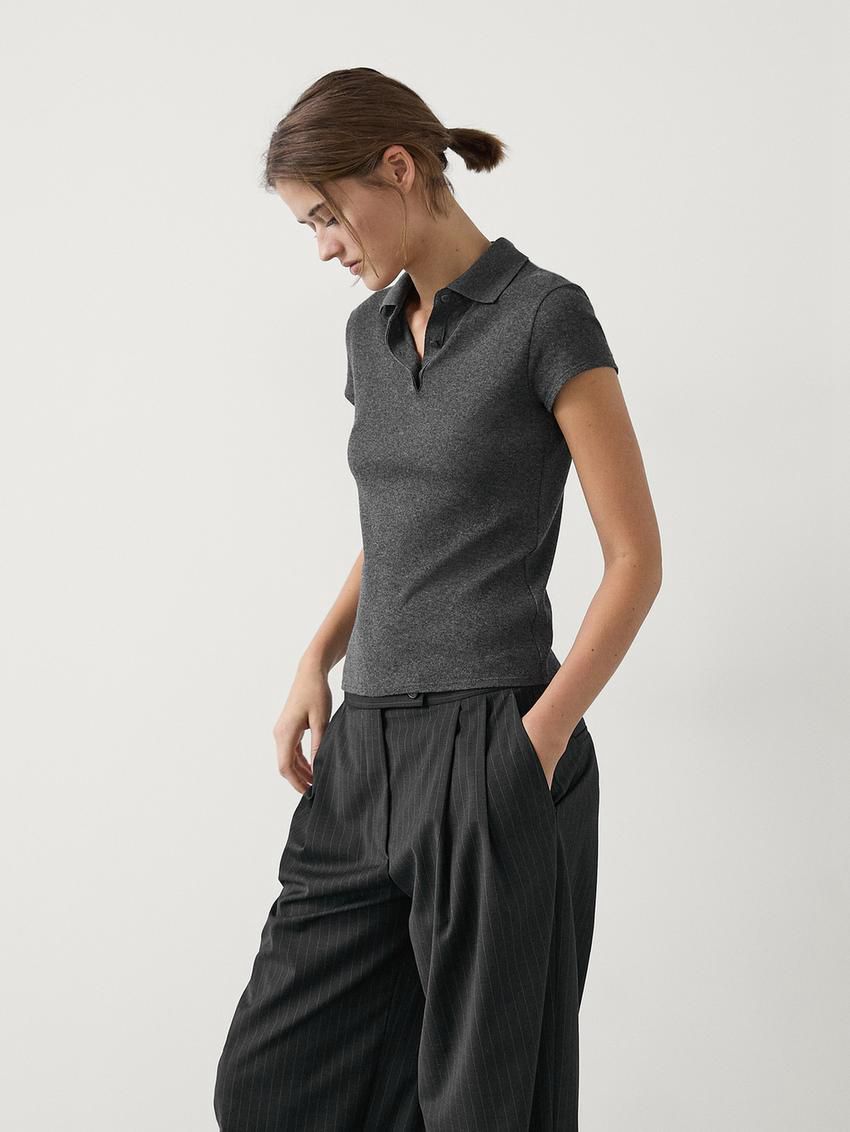 Massimo Dutti Short Sleeve Knitted Polo Shirt Women T-Shirt Dark Grey | US-DL9680732
