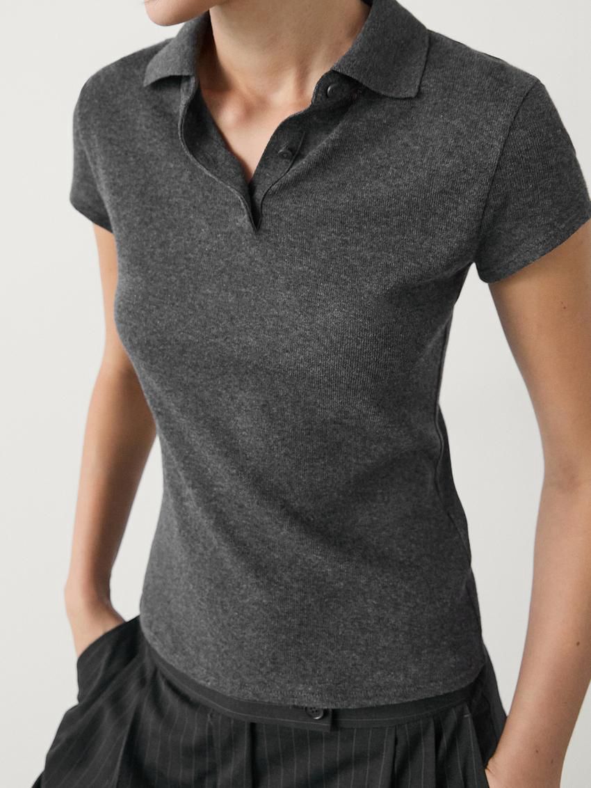 Massimo Dutti Short Sleeve Knitted Polo Shirt Women T-Shirt Dark Grey | US-DL9680732