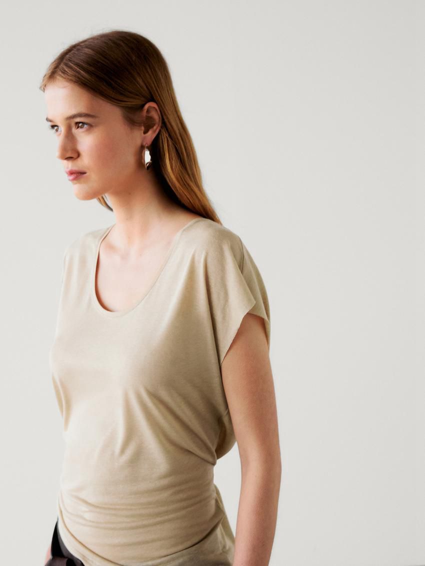 Massimo Dutti Short Sleeve Linen Blend Women T-Shirt Beige | US-BX9506173