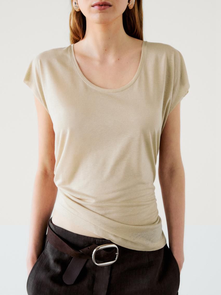Massimo Dutti Short Sleeve Linen Blend Women T-Shirt Beige | US-BX9506173