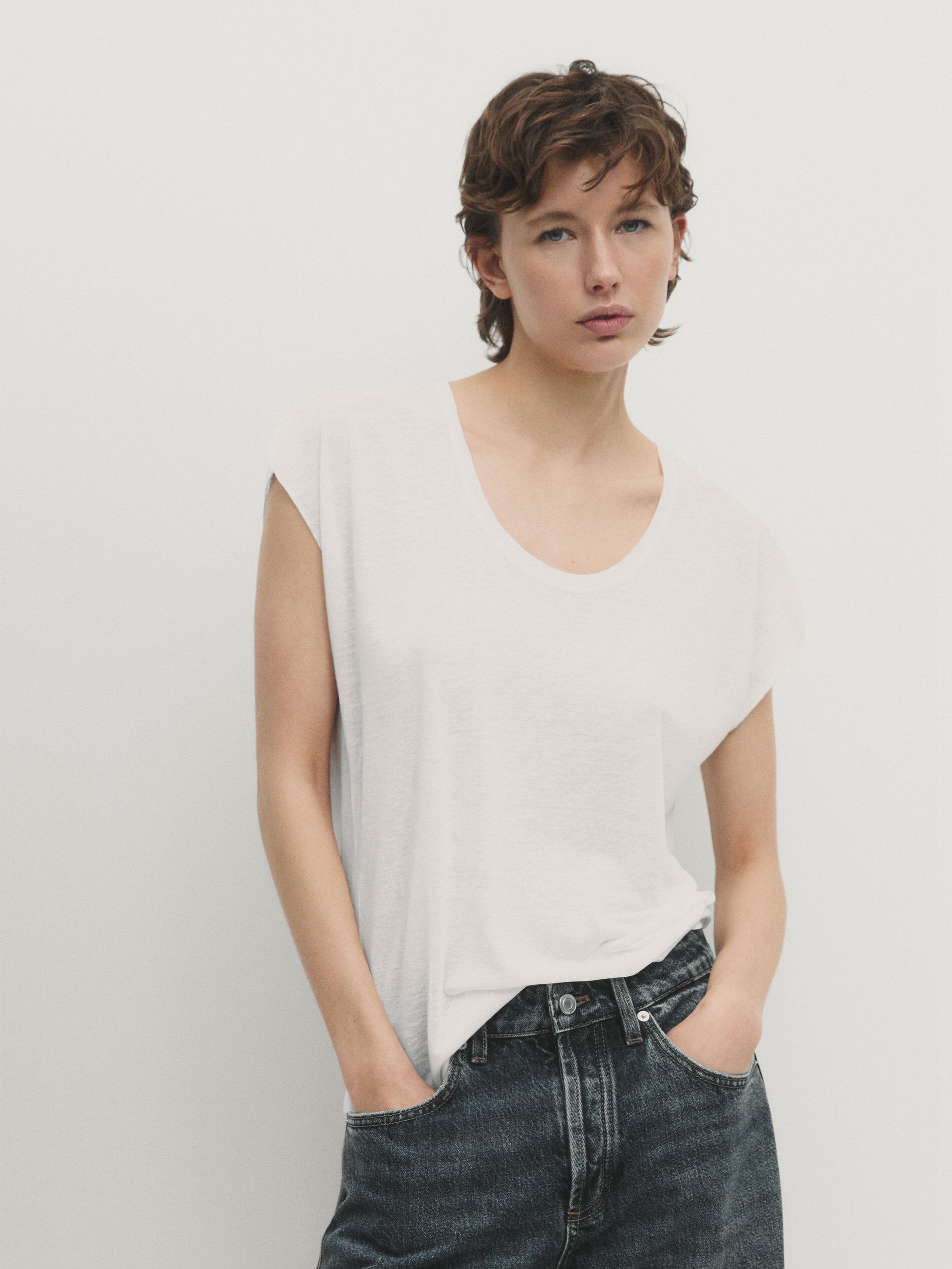Massimo Dutti Short Sleeve Linen Blend Women T-Shirt Cream | US-IO0716483