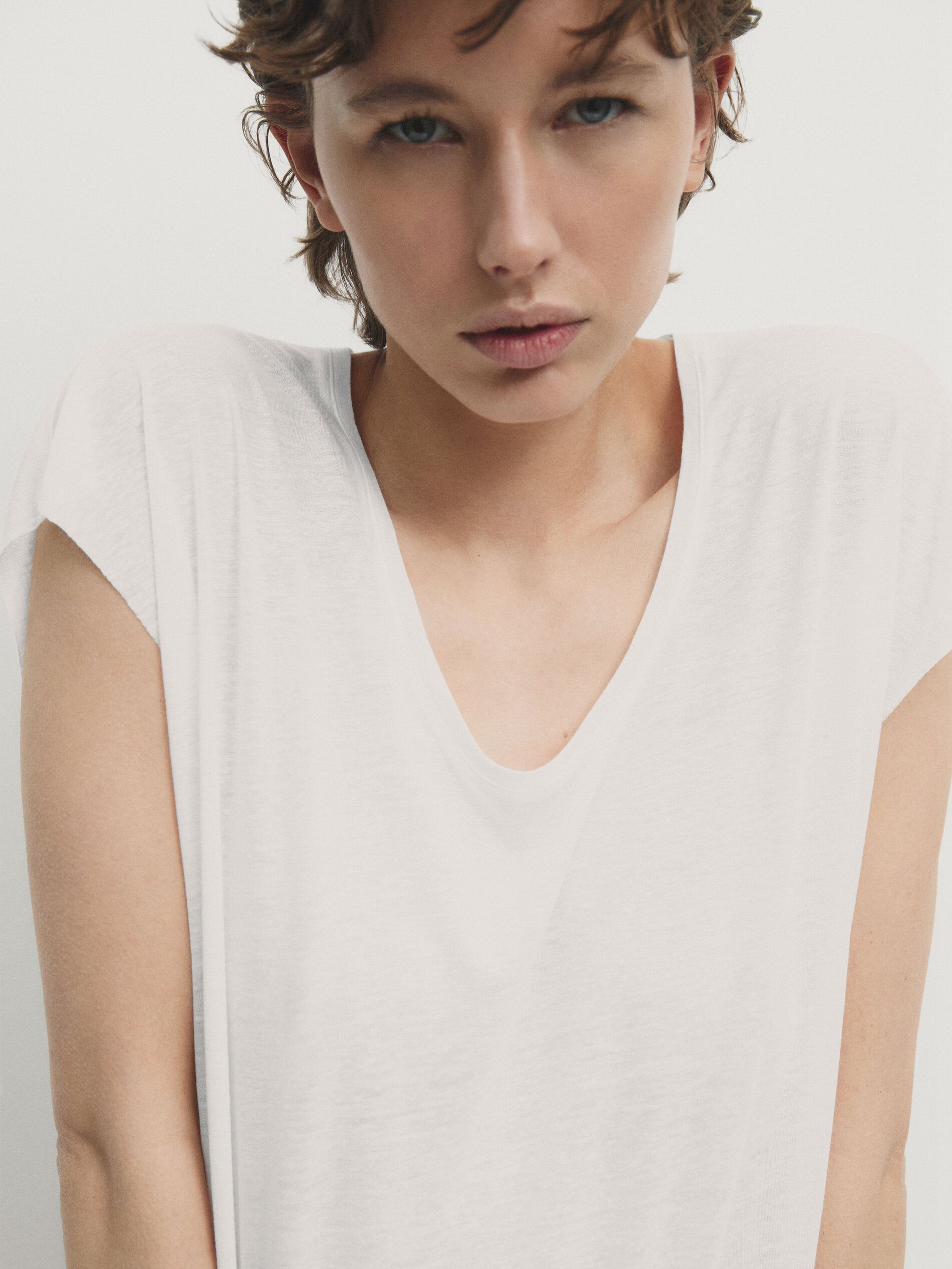 Massimo Dutti Short Sleeve Linen Blend Women T-Shirt Cream | US-IO0716483
