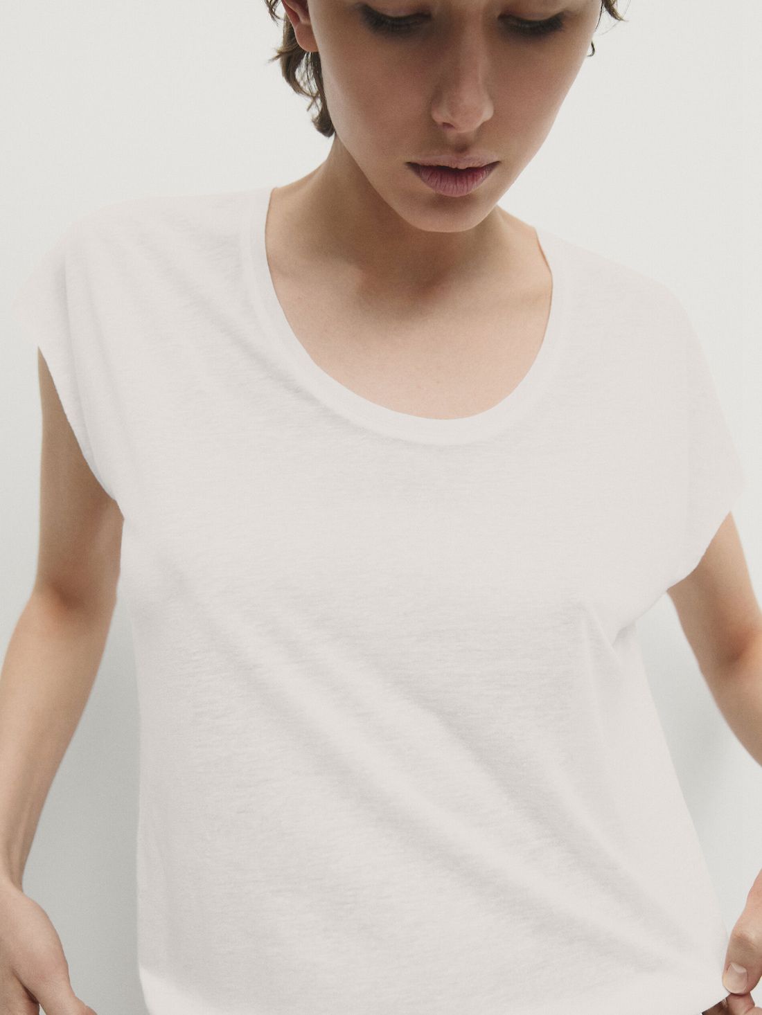 Massimo Dutti Short Sleeve Linen Blend Women T-Shirt Cream | US-IO0716483