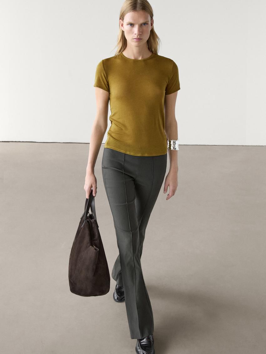 Massimo Dutti Short Sleeve Lyocell Blend Women T-Shirt Olive | US-GN4092156