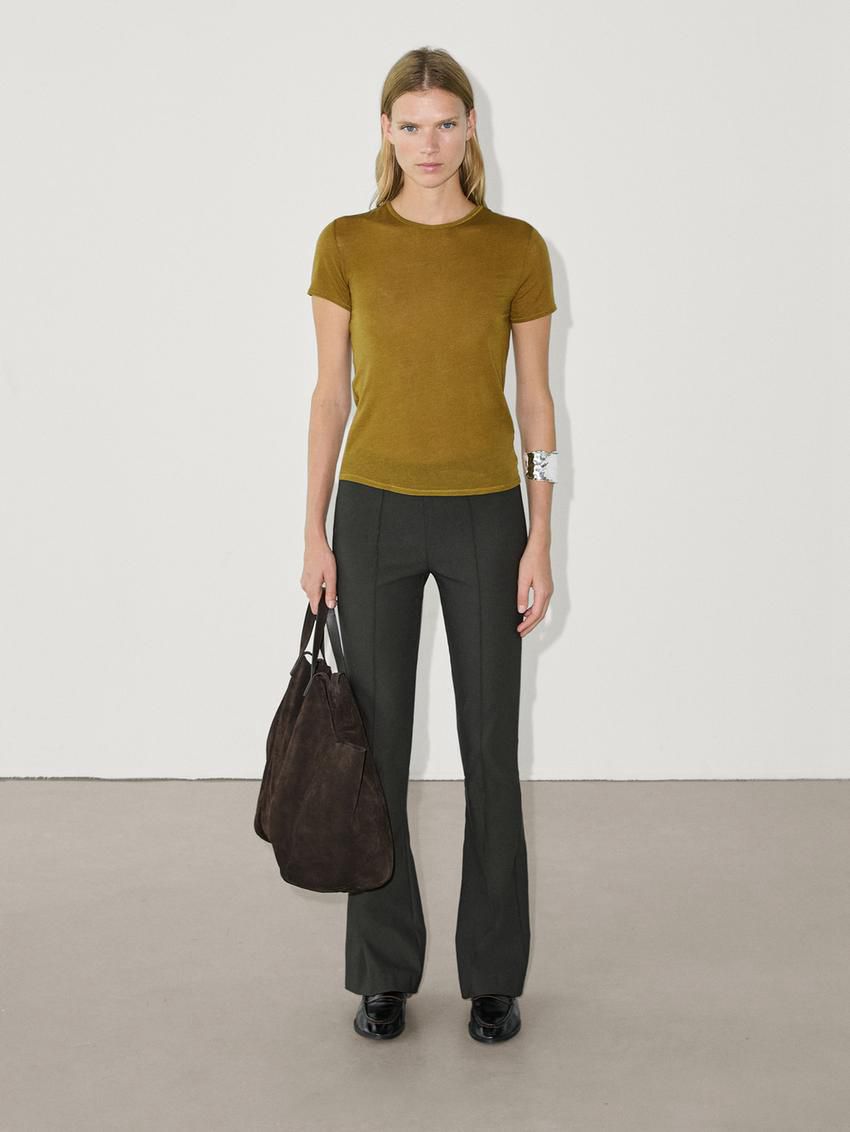 Massimo Dutti Short Sleeve Lyocell Blend Women T-Shirt Olive | US-GN4092156