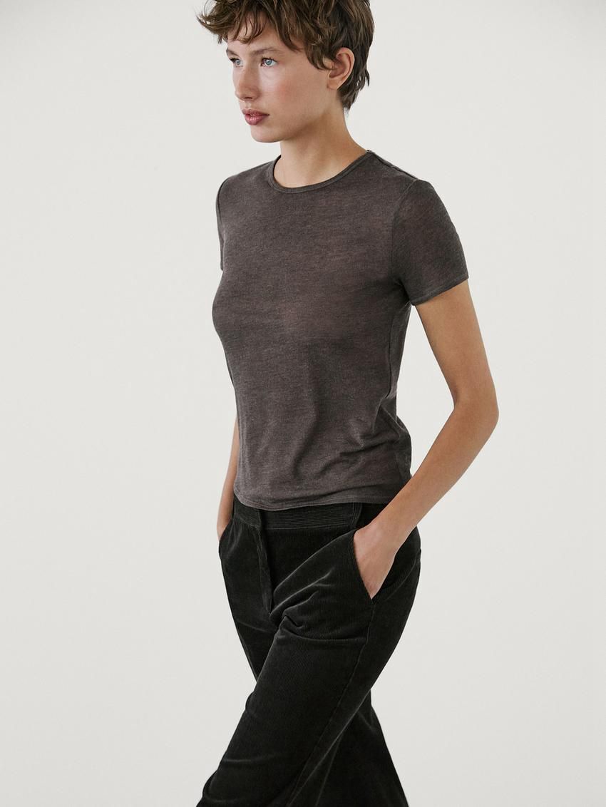 Massimo Dutti Short Sleeve Lyocell Blend Women T-Shirt Dark Brown | US-QZ0138476