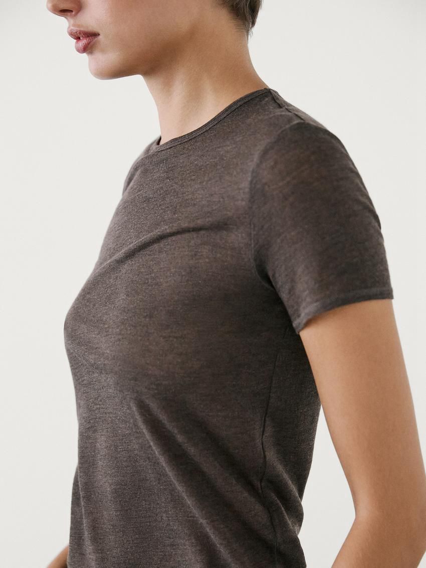 Massimo Dutti Short Sleeve Lyocell Blend Women T-Shirt Dark Brown | US-QZ0138476
