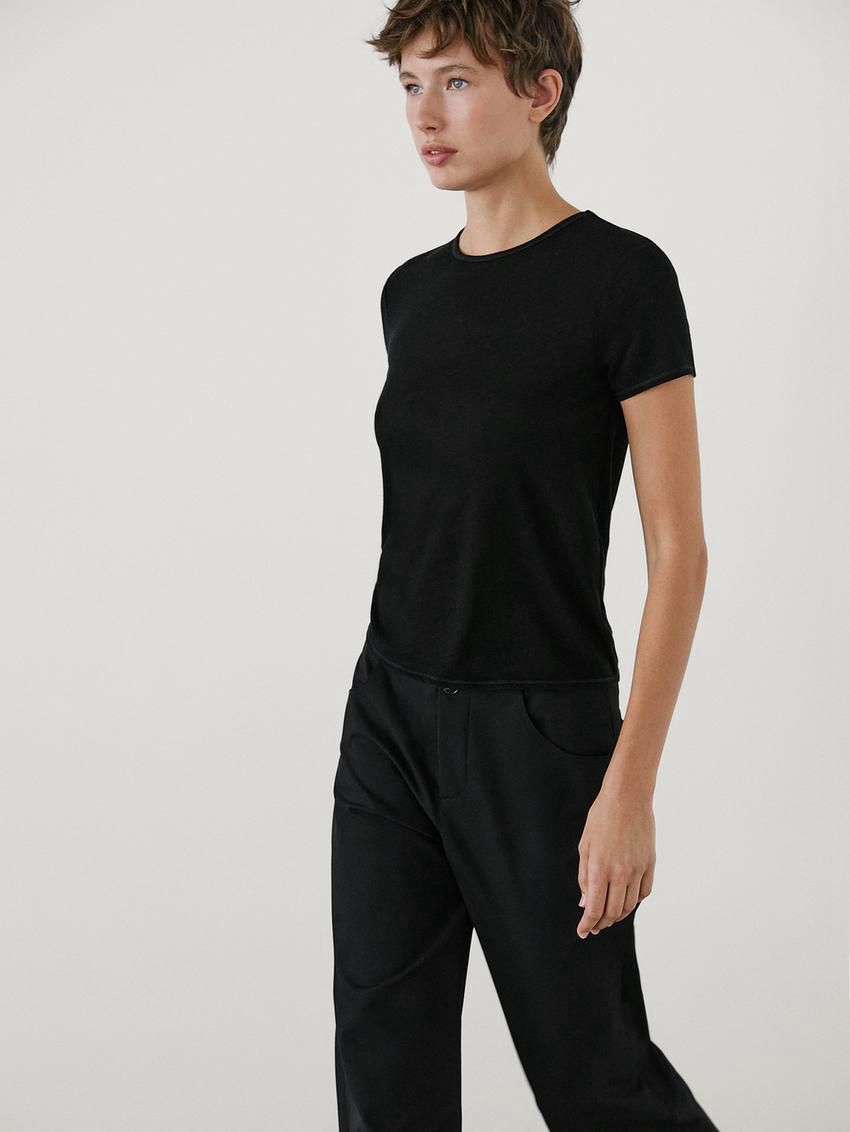 Massimo Dutti Short Sleeve Lyocell Blend Women T-Shirt Black | US-UA0936812