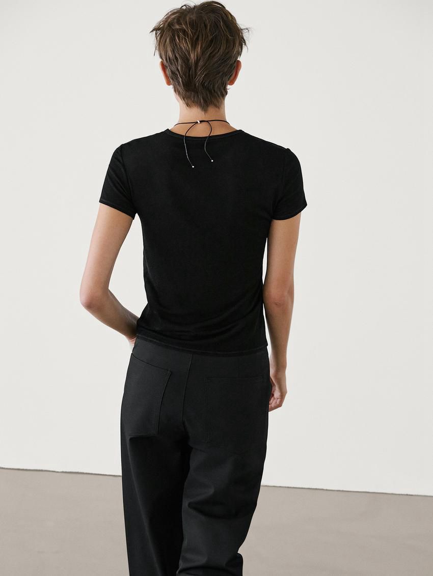 Massimo Dutti Short Sleeve Lyocell Blend Women T-Shirt Black | US-UA0936812