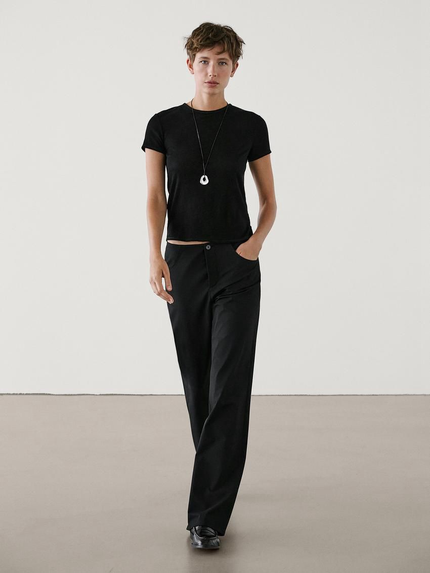 Massimo Dutti Short Sleeve Lyocell Blend Women T-Shirt Black | US-UA0936812