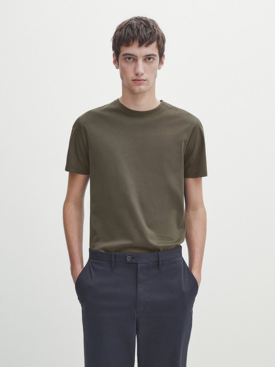 Massimo Dutti Short Sleeve Mercerised Cotton Men T-Shirt Khaki | US-GL5124368