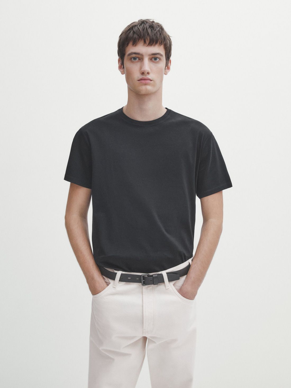 Massimo Dutti Short Sleeve Mercerised Cotton Men T-Shirt Black | US-QW5072981