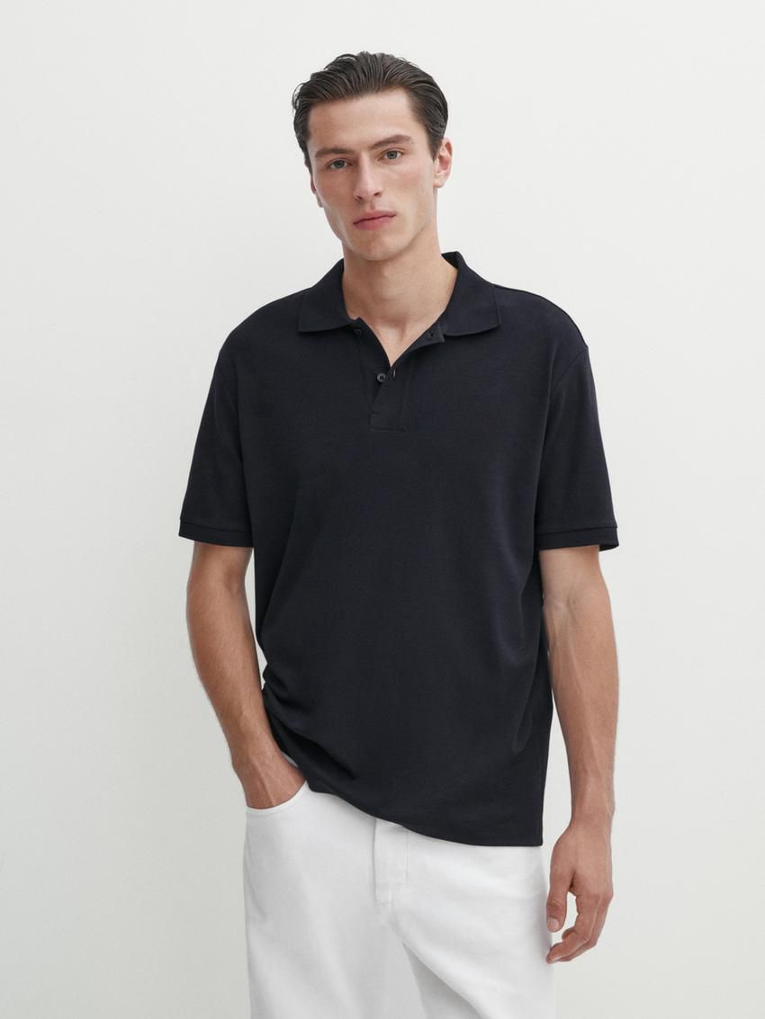 Massimo Dutti Short Sleeve Mercerised Cotton Men Polo Shirt Navy | US-BF3079154