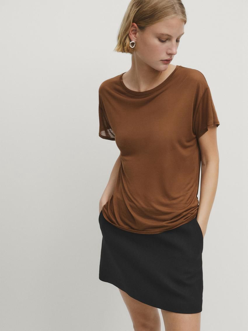 Massimo Dutti Short Sleeve Modal And Silk Women T-Shirt Brown | US-TB4589671