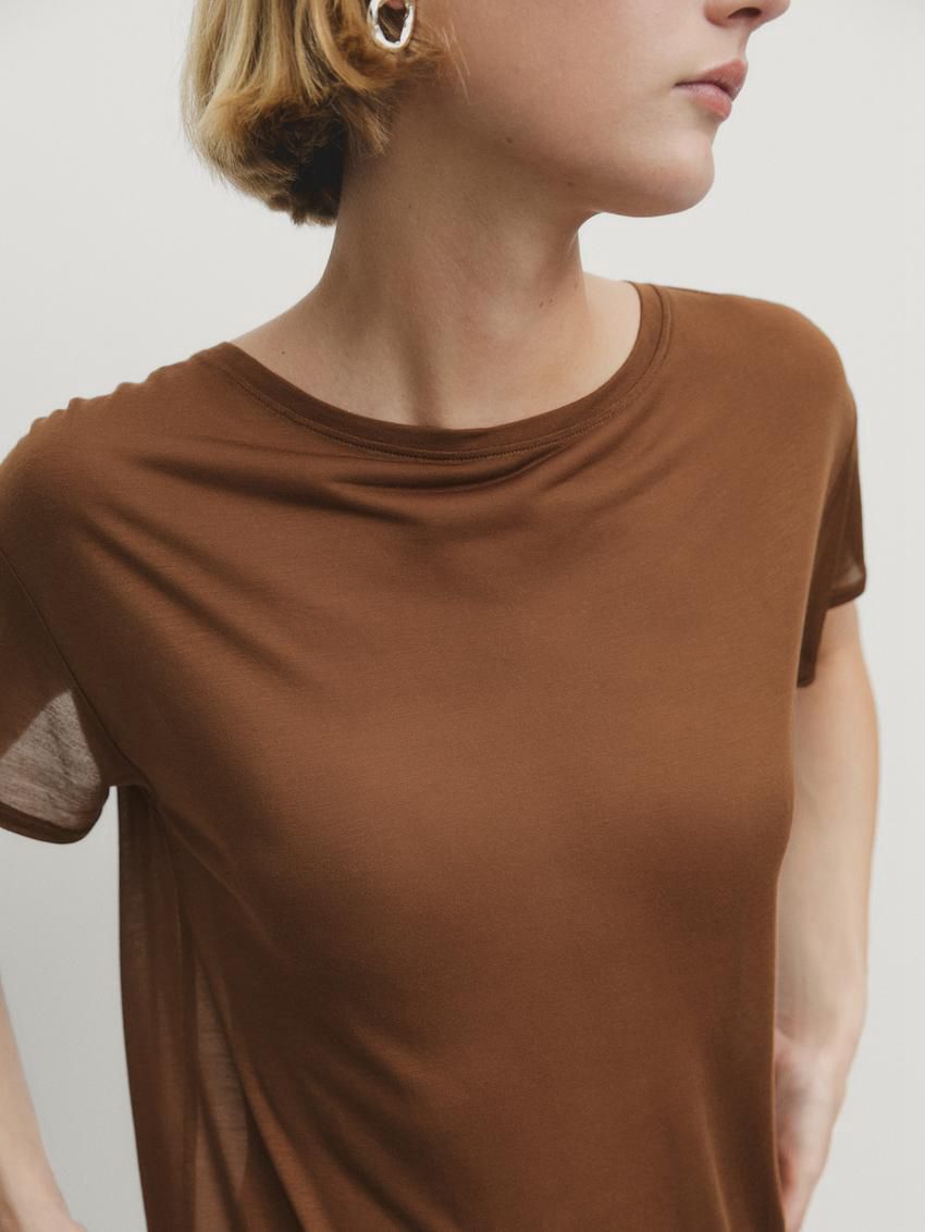 Massimo Dutti Short Sleeve Modal And Silk Women T-Shirt Brown | US-TB4589671