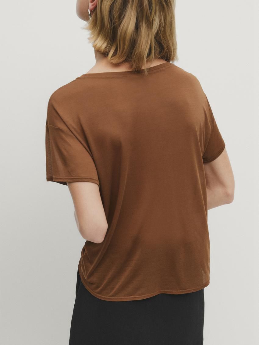 Massimo Dutti Short Sleeve Modal And Silk Women T-Shirt Brown | US-TB4589671