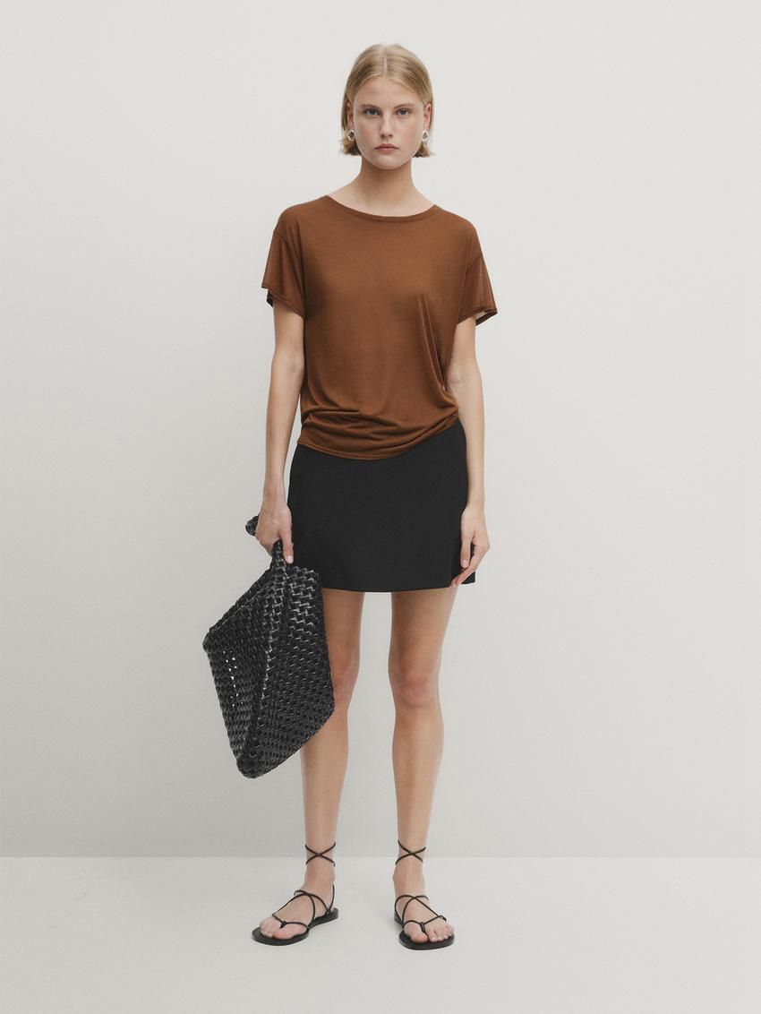 Massimo Dutti Short Sleeve Modal And Silk Women T-Shirt Brown | US-TB4589671
