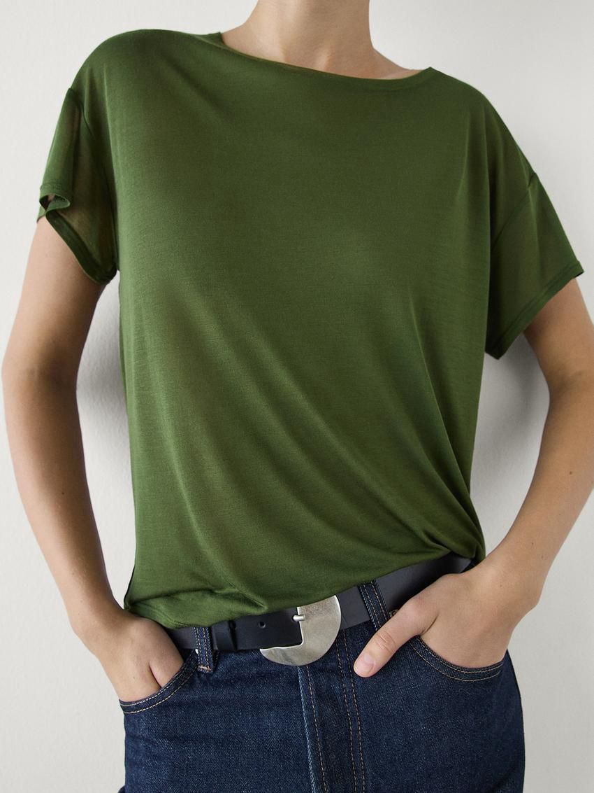 Massimo Dutti Short Sleeve Modal And Silk Women T-Shirt Dark Green | US-BI7284951