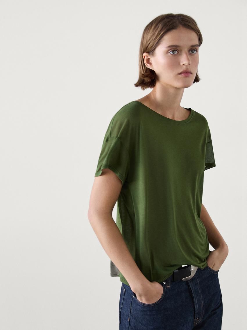 Massimo Dutti Short Sleeve Modal And Silk Women T-Shirt Dark Green | US-BI7284951