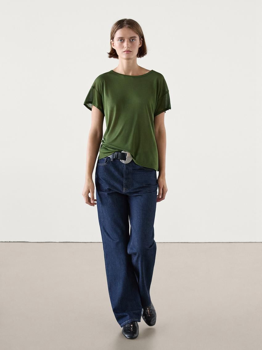 Massimo Dutti Short Sleeve Modal And Silk Women T-Shirt Dark Green | US-BI7284951