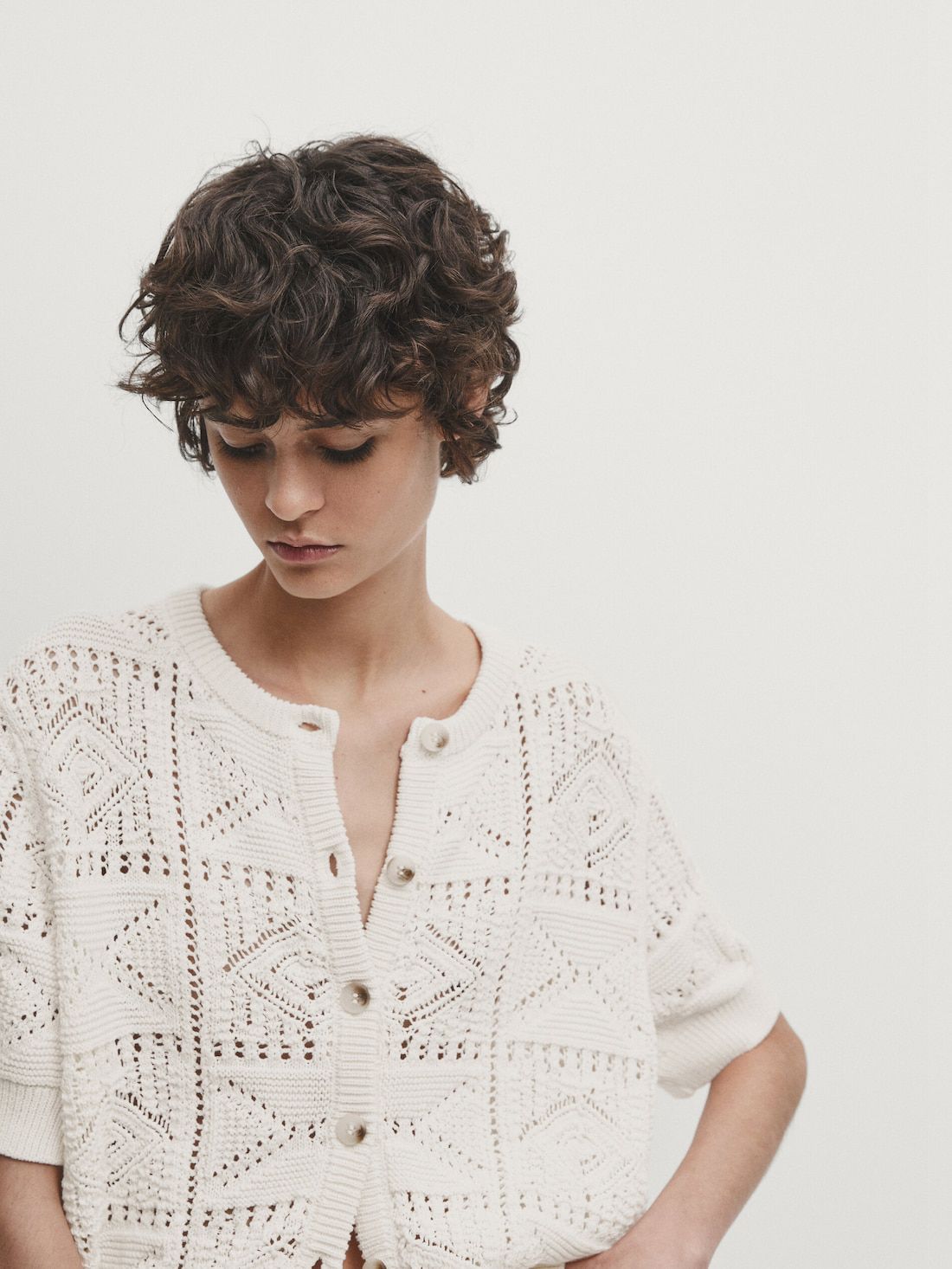 Massimo Dutti Short Sleeve Open-knit Women Cardigan Cream | US-FU6957281